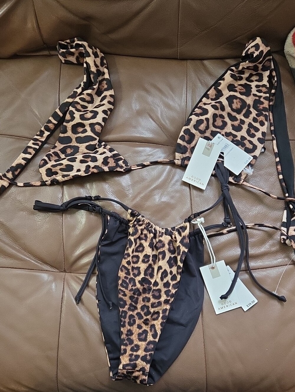 NWT Good American Reversible Leopard Black String Bikini Set XL / L